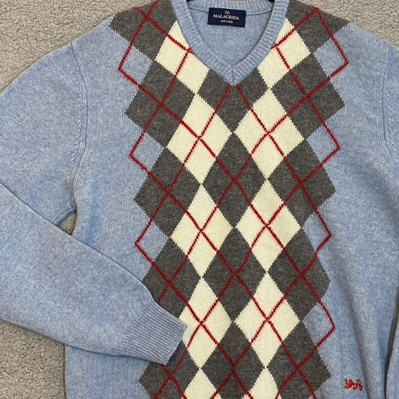 Vintage Malagrida Mens Pullover Sweater Lana Wool Blue Plaid Print Grandpa Style - Picture 10 of 10